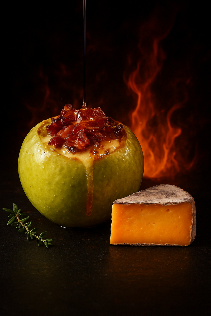 A green baked apple stuffed with melted MouCo Boo® cheese, crispy bacon, and hot honey, shown beside a hockey puck–shaped wedge of Boo® cheese with a vivid orange interior and ash-coated white rind, all lit dramatically against a fiery black background.