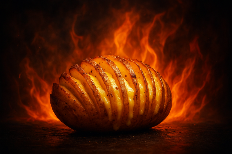 Individual potato gratins layered with MouCo Boo® cheese, bubbling cream, and garlic, with crisp golden potato slices and gooey cheese oozing through, shown in dramatic lighting on a black background.