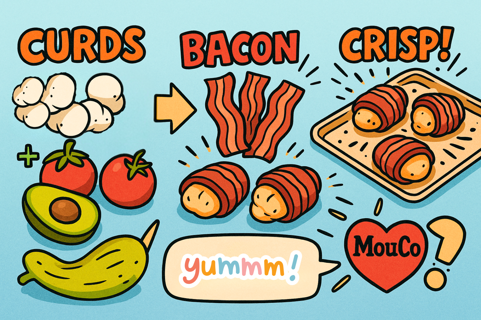 Cartoon-style image showing bacon-wrapped MouCo Cheese Curds being dipped in BBQ sauce by smiling kids, with melted cheese oozing out and the MouCo heart logo in the corner. Colorful, fun, and designed to appeal to families.