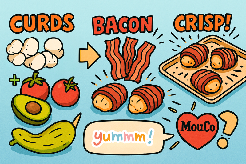 Cartoon-style image showing bacon-wrapped MouCo Cheese Curds being dipped in BBQ sauce by smiling kids, with melted cheese oozing out and the MouCo heart logo in the corner. Colorful, fun, and designed to appeal to families.