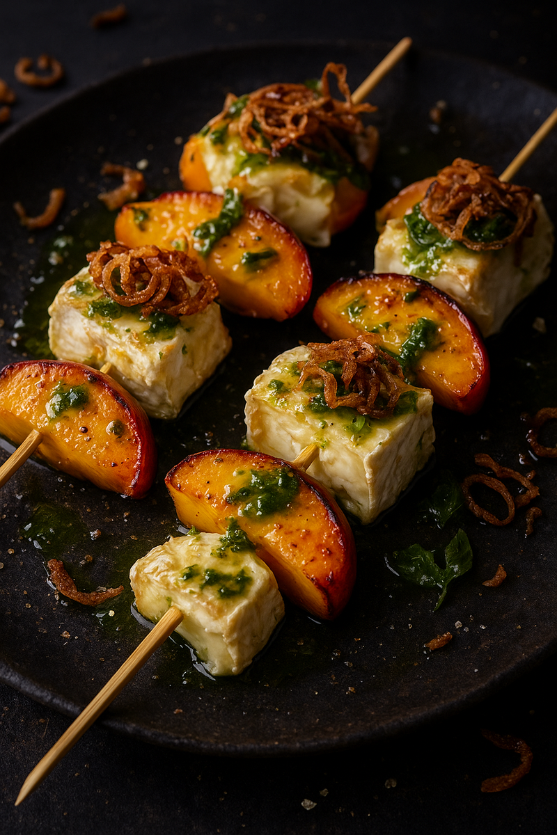 🍑 Camembert, Charred Peach & Crispy Shallot Skewers with Basil Oil 🔥