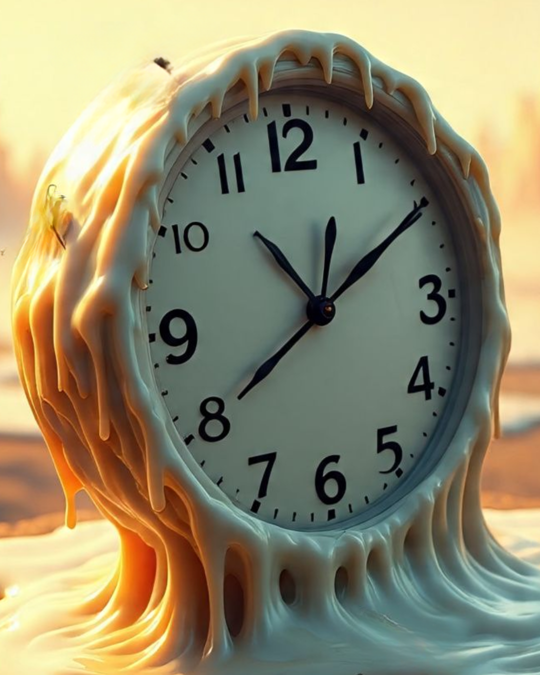 Surreal melting clock covered in flowing cheese, referencing time and aging.