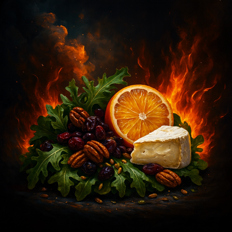 A dramatic presentation of MouCo Boo® Harvest Salad on a black background, with vibrant greens, orange slices, cranberries, black raisins, sunflower seeds, and wedges of Boo® cheese glowing under bold lighting.