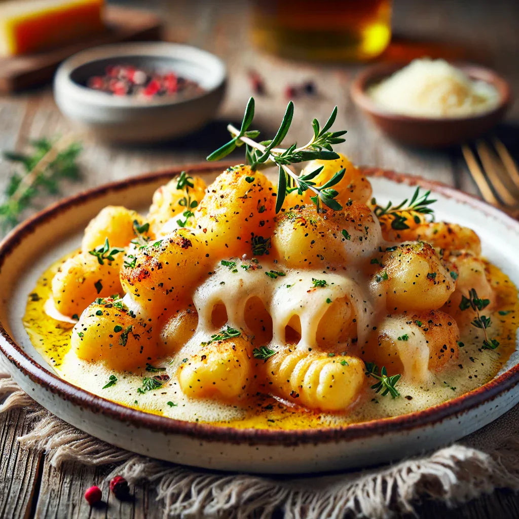 Golden potato gnocchi topped with melted MouCo ColoRouge and fresh herbs—a rich, savory dish with crispy edges and creamy cheese pulls.