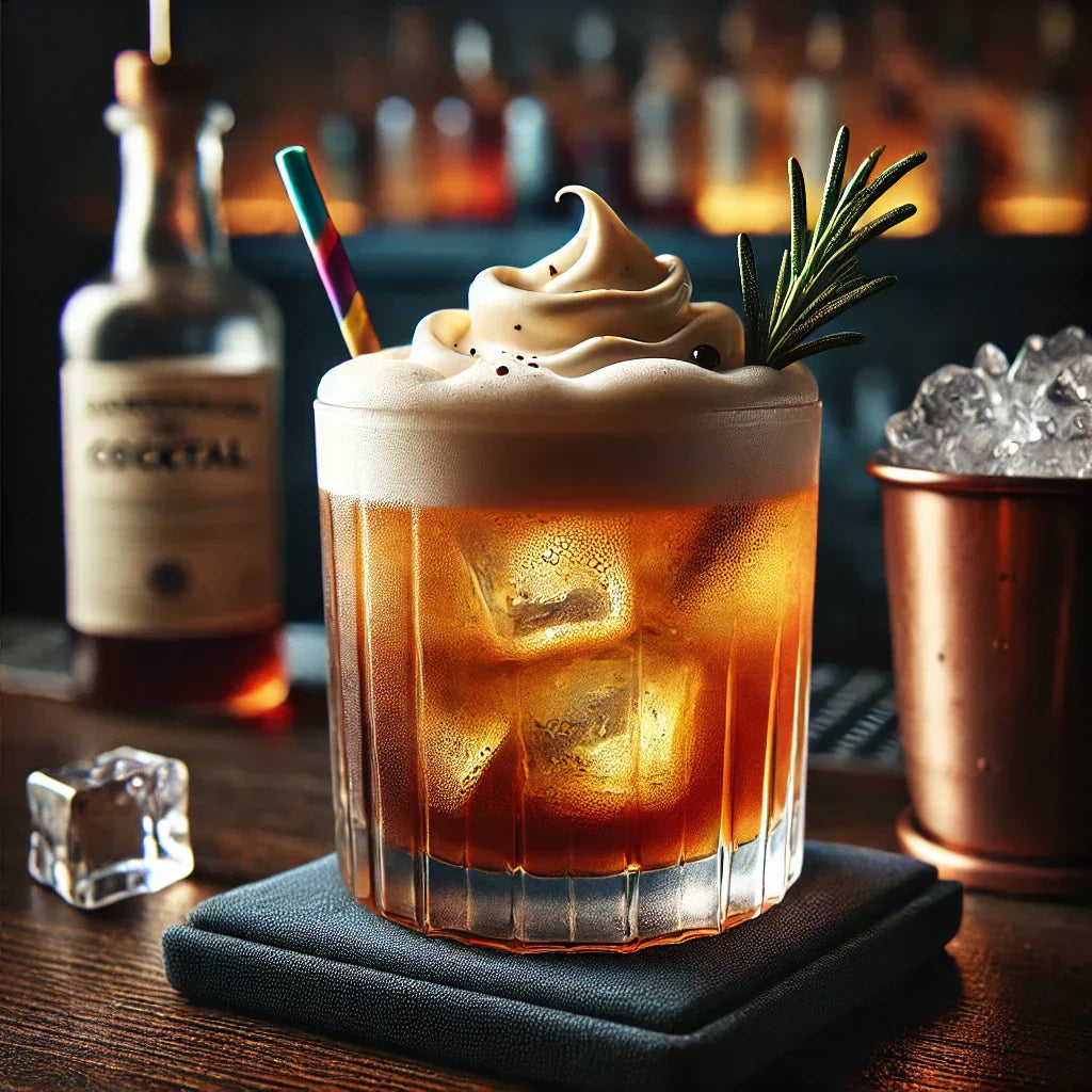 Foamy MouCo Camembert-topped bourbon cocktail garnished with rosemary—an award-winning, Colorado-made cheese twist on mixology from this family-owned cheesery.