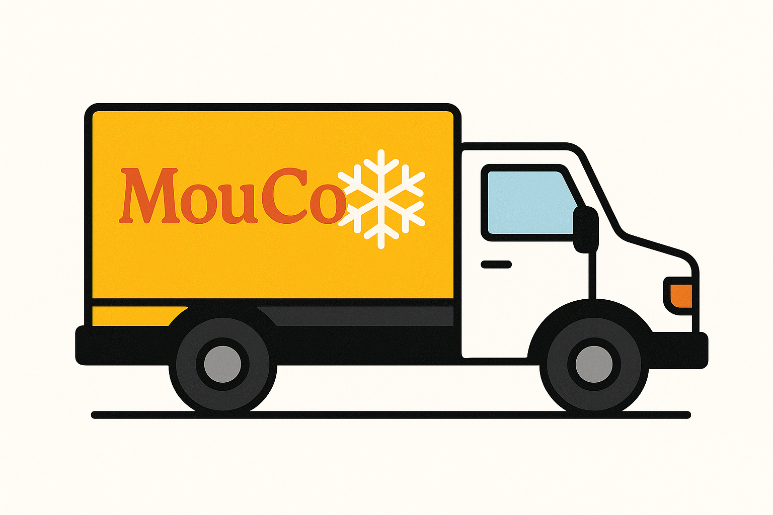 Illustration of a MouCo delivery truck with a snowflake symbol, representing cold-shipped cheese.