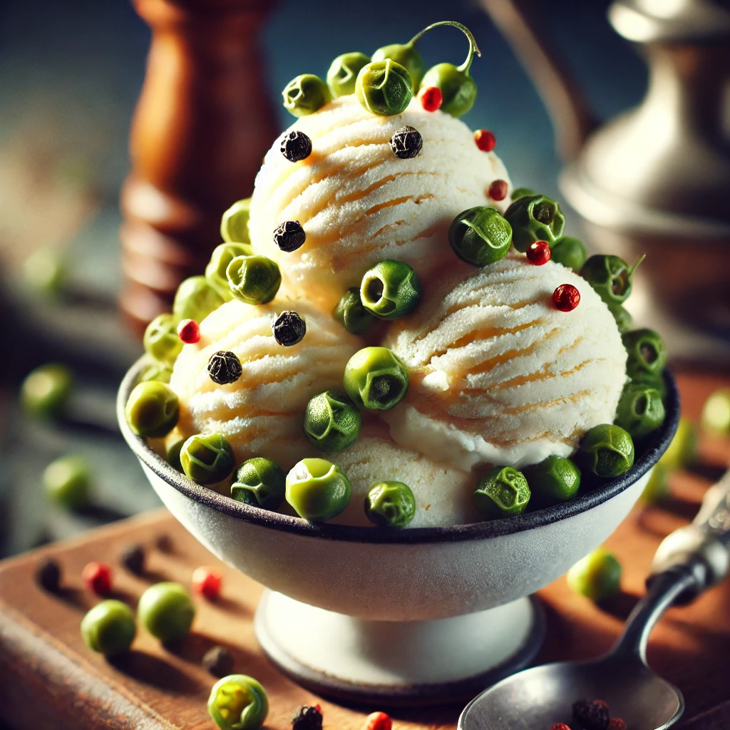 Bowl of MouCo PepBert Green Peppercorn Ice Cream—creamy, Colorado-made Camembert dessert with a bold, aromatic twist.