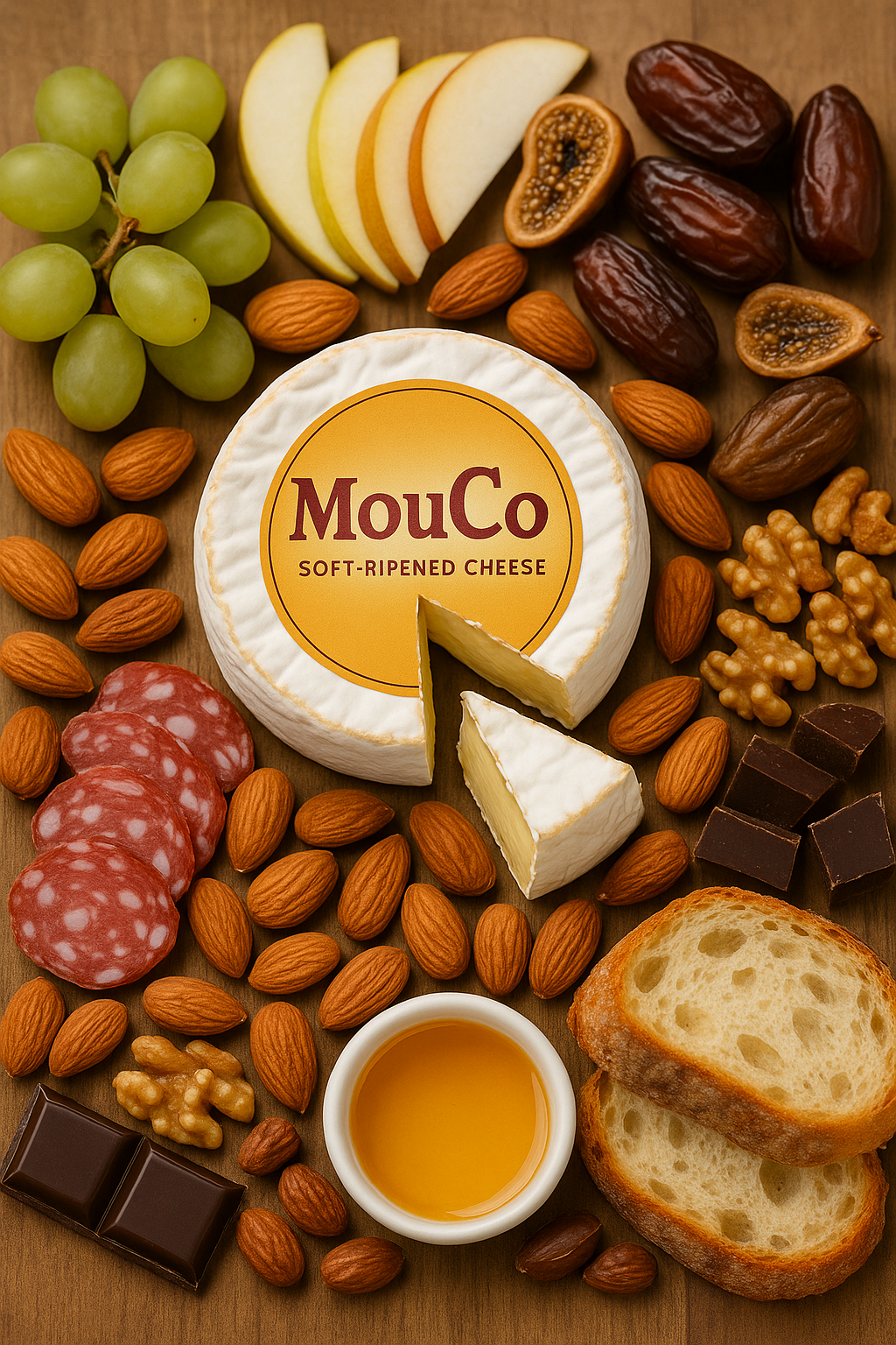 Playful AI-generated image of MouCo soft-ripened cheese surrounded by a whimsical spread of apples, figs, almonds, walnuts, salame, honey, chocolate, and crusty bread—an over-the-top cheese fantasy board with extra chocolate for good measure.