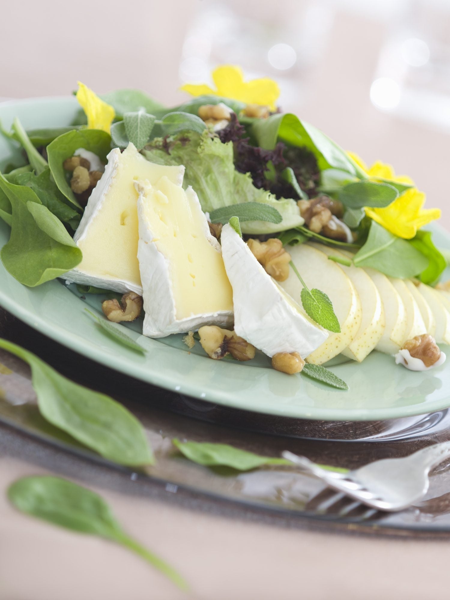 Roasted pear and MouCo Camembert salad with mixed greens, toasted walnuts, and honey vinaigrette—an elegant blend of sweet, creamy, and crisp textures.