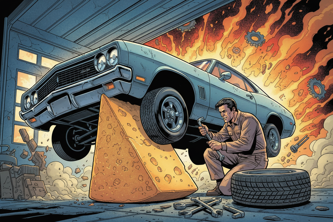 Comic-style illustration of a mechanic changing a tire on a car propped up by a giant wedge of cheese.