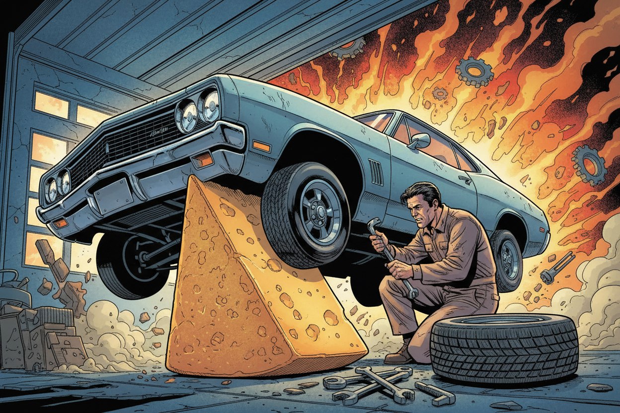 Comic-style illustration of a mechanic changing a tire on a car propped up by a giant wedge of cheese.