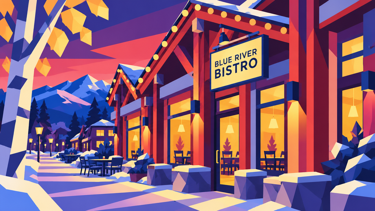 Geometric illustration of Blue River Bistro’s timber entrance, glowing windows and snowy Breckenridge setting in MouCo blue, red, purple and gold.