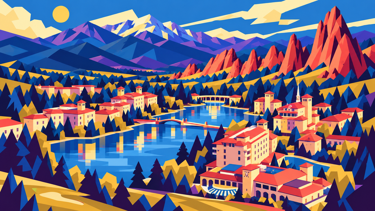 Geometric aerial montage of The Broadmoor’s lakeside buildings and bridge, Garden of the Gods sandstone spires and Colorado mountains in MouCo blue, red, purple and gold.