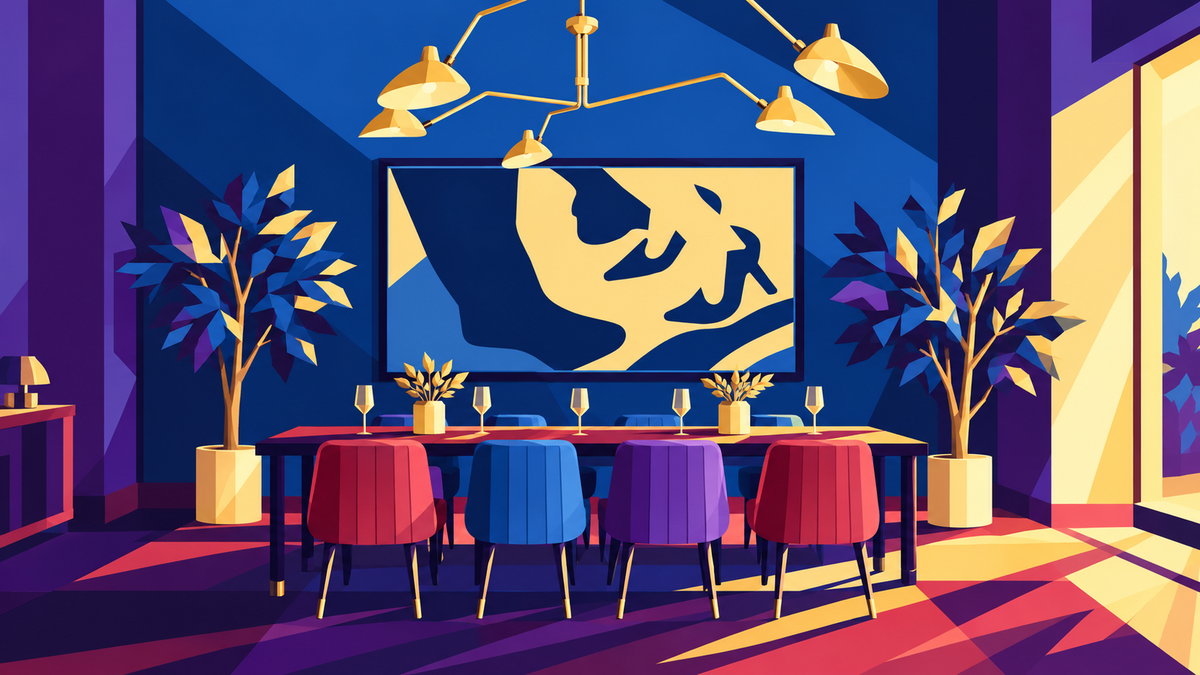Geometric illustration of The Corner Office’s dining room, with sculptural pendant lights and colorful chairs, in MouCo blue, red, purple and gold.