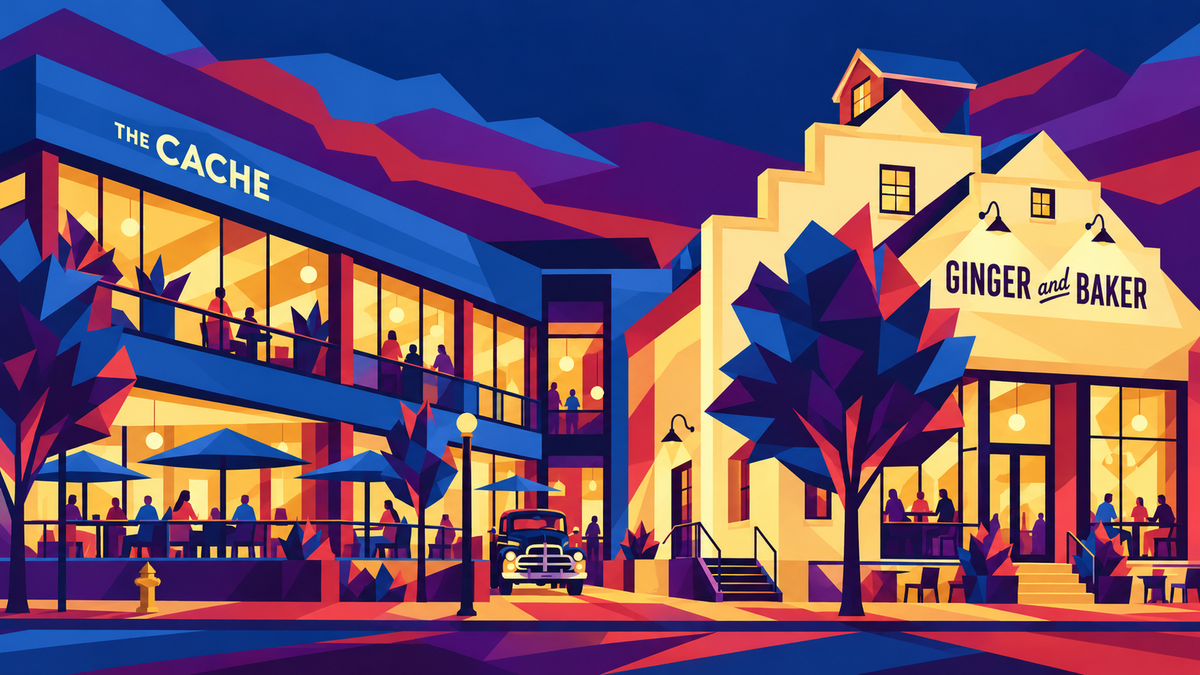 Geometric illustration of Ginger and Baker’s stepped historic façade and The Cache’s glass dining rooms in MouCo blue, red, purple and gold.