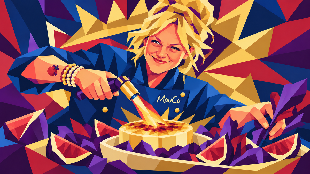 Geometric illustration of Chef Jenna Johansen torching Camembert for a salad, with a golden flame burst and figs in MouCo blue, red, purple and gold.