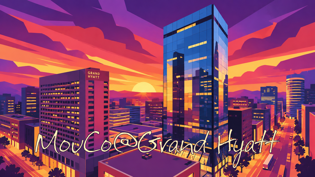 MouCo@Grand Hyatt set in MouCo’s original Festus font over a geometric sunset illustration of Grand Hyatt Denver.