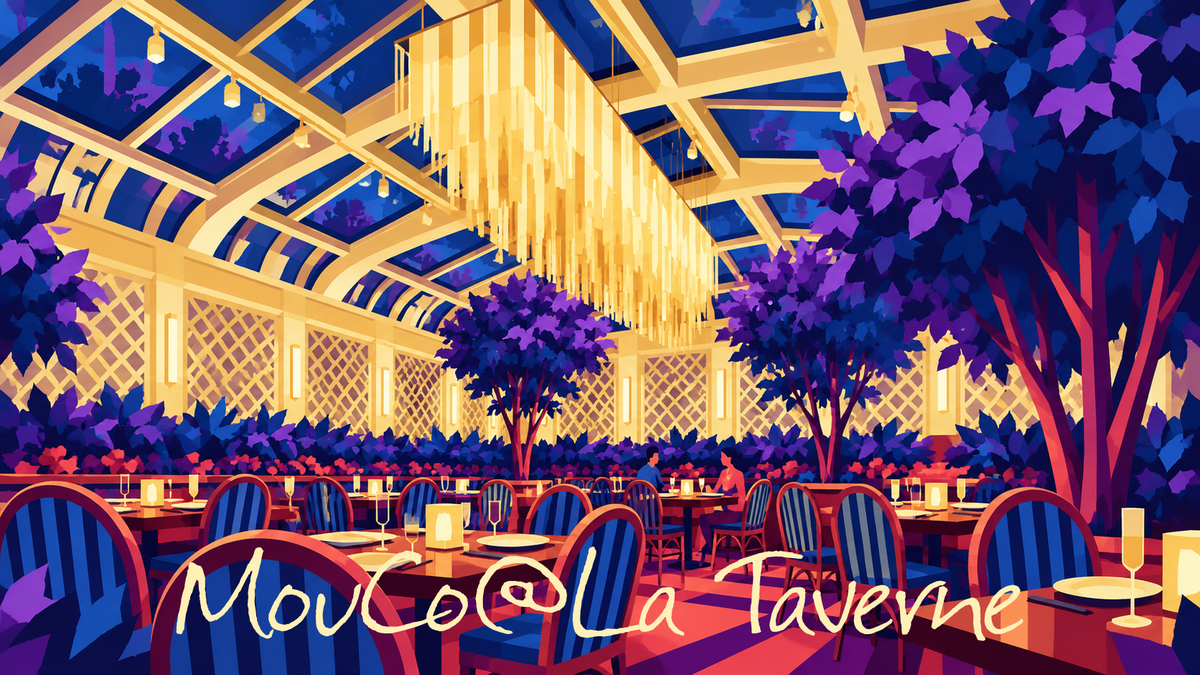 MouCo@La Taverne typeset directly in MouCo’s Festus font over a geometric illustration of the Le Jardin dining room at The Broadmoor.