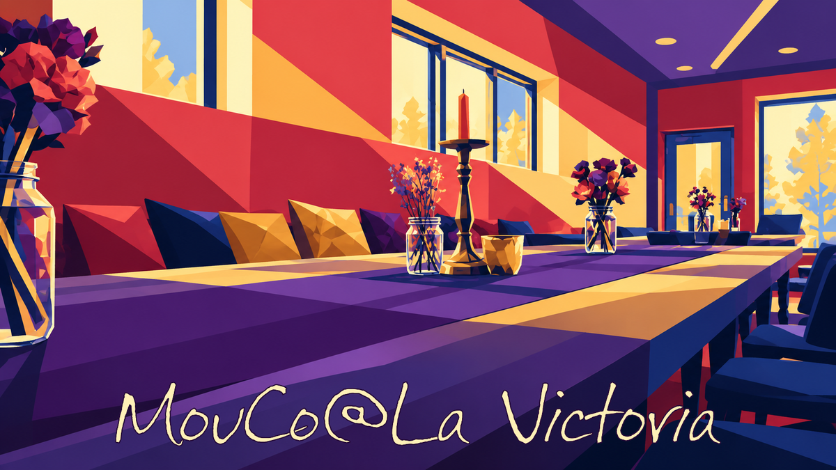 MouCo@La Victoria in MouCo’s original Festus font over a geometric illustration of La Victoria Healing Kitchen’s communal dining room in Aurora.