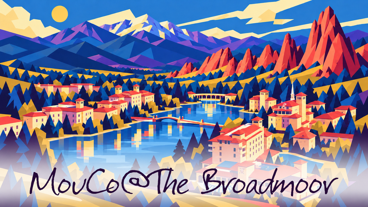 MouCo@The Broadmoor in the original Festus font, in deep purple over a soft white fade across a geometric illustration of the resort and Colorado landscape.