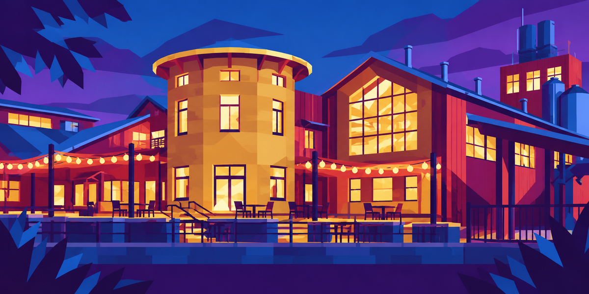 Geometric illustration of Odell Brewing’s Fort Collins brewery, with its round tower, glowing gabled windows and patio lights in MouCo blue, red, purple and gold.