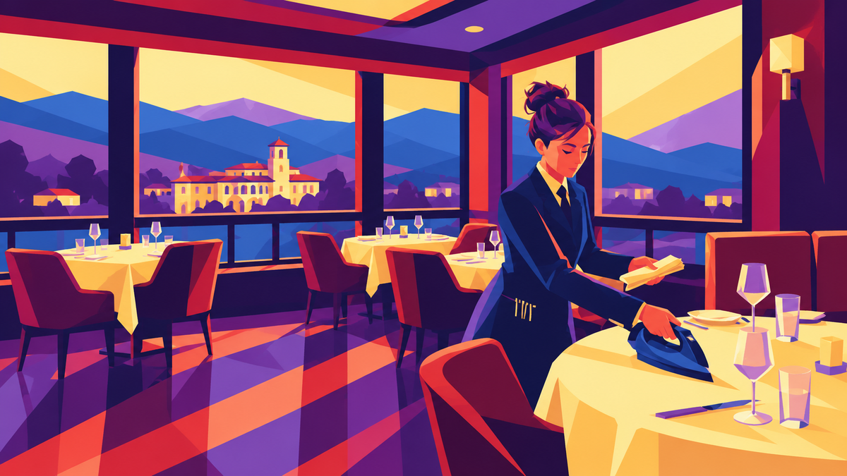 Geometric illustration of the Penrose Room’s mountain-view dining room, with a staff member preparing a table, in MouCo blue, red, purple and gold.