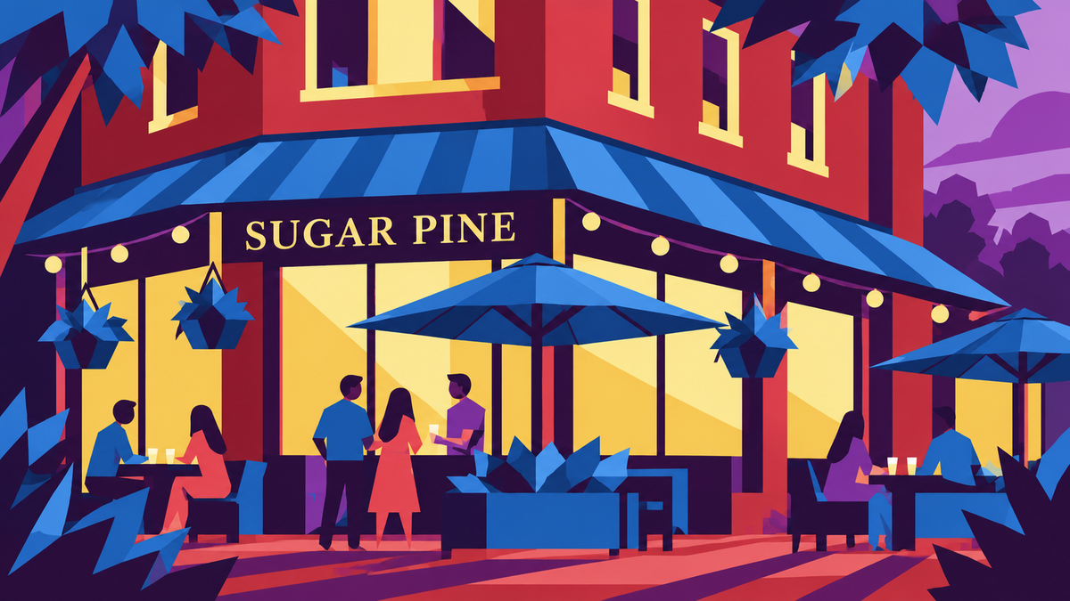 Bold geometric illustration of Sugar Pine Catering’s Longmont patio in MouCo blue, red, purple and gold, with angular awnings, guests and dramatic shadows.