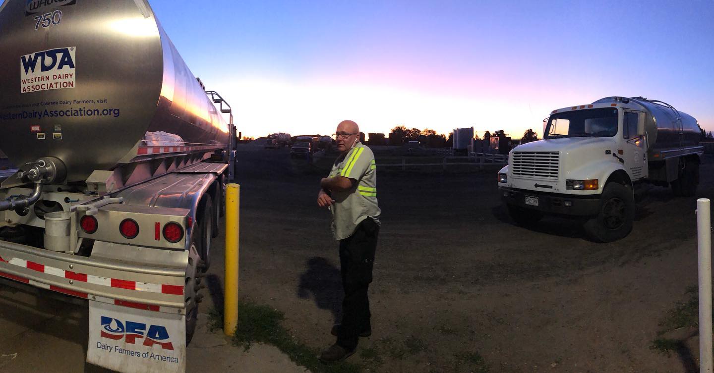Bringing in the Milk: A DFA driver loads Chuck in the crisp Northern Colorado blue—one of those skies you only get at sunrise out here.