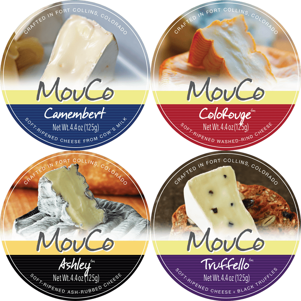 Four MouCo cheese labels for Camembert, ColoRouge, Ashley, and Truffello.