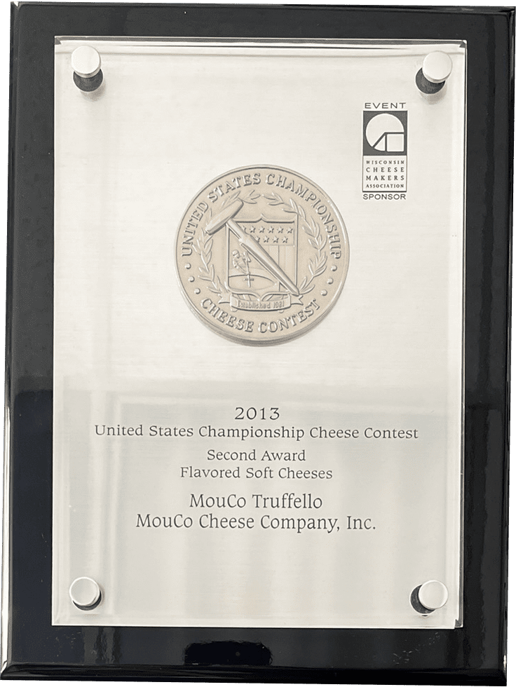 2013 United States Championship Cheese Contest second-place plaque for MouCo Truffello, presented in Green Bay, Wisconsin
