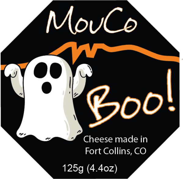 MouCo Boo label cutout showing the playful, spooky branding of this seasonal soft-ripened cheese.