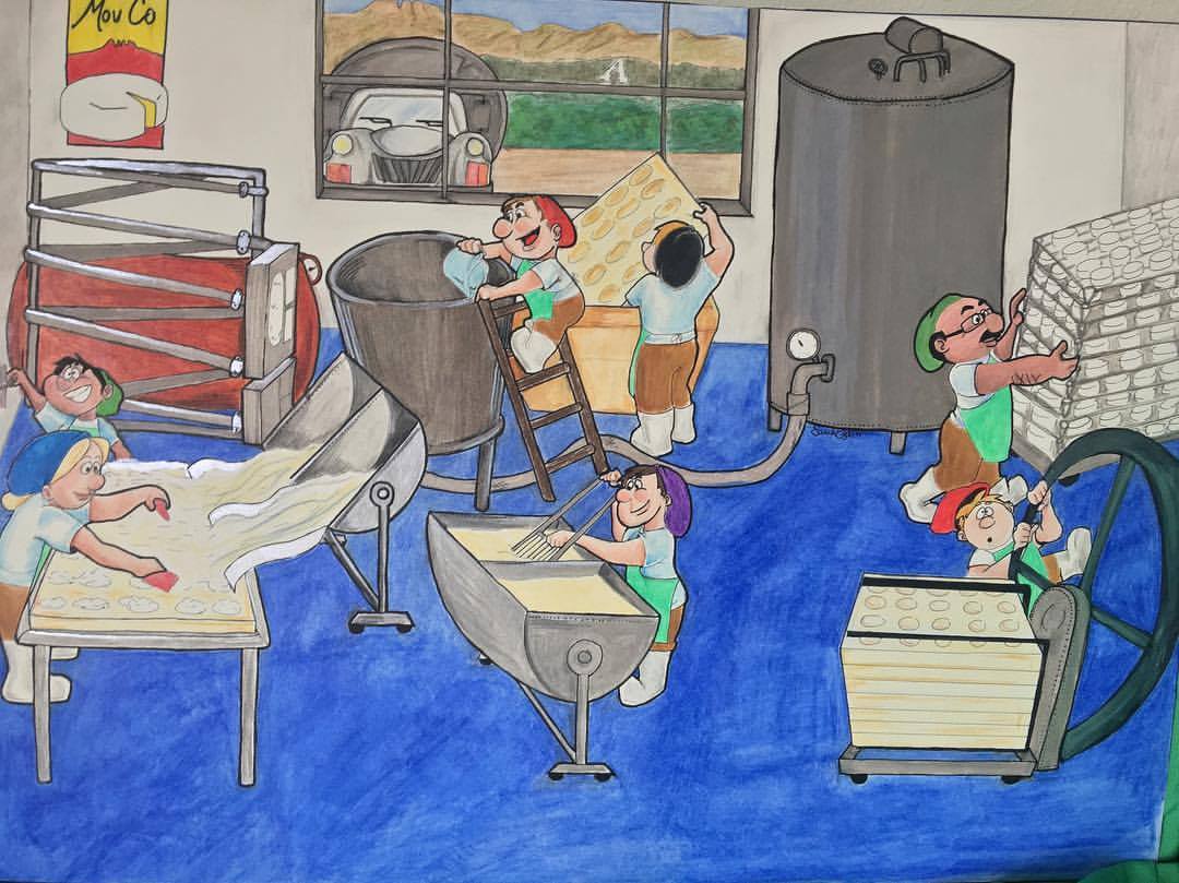 How We Do It: A cartoon by longtime MouCo team member Sarah—super talented, and her art still lives all over the cheesery.