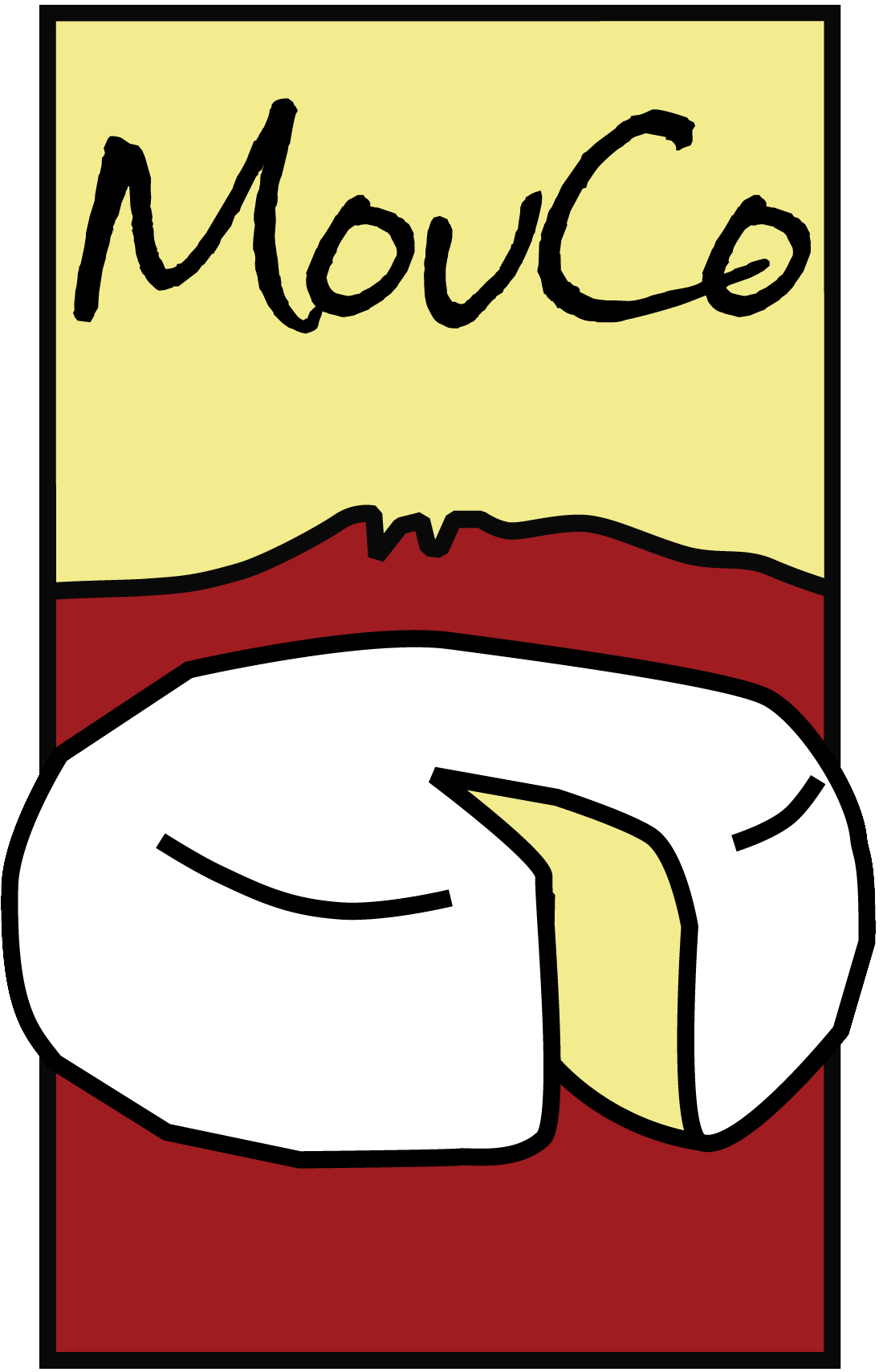 MouCo’s rectangular red logo with white script—trademarked and used across packaging, branding, and web.