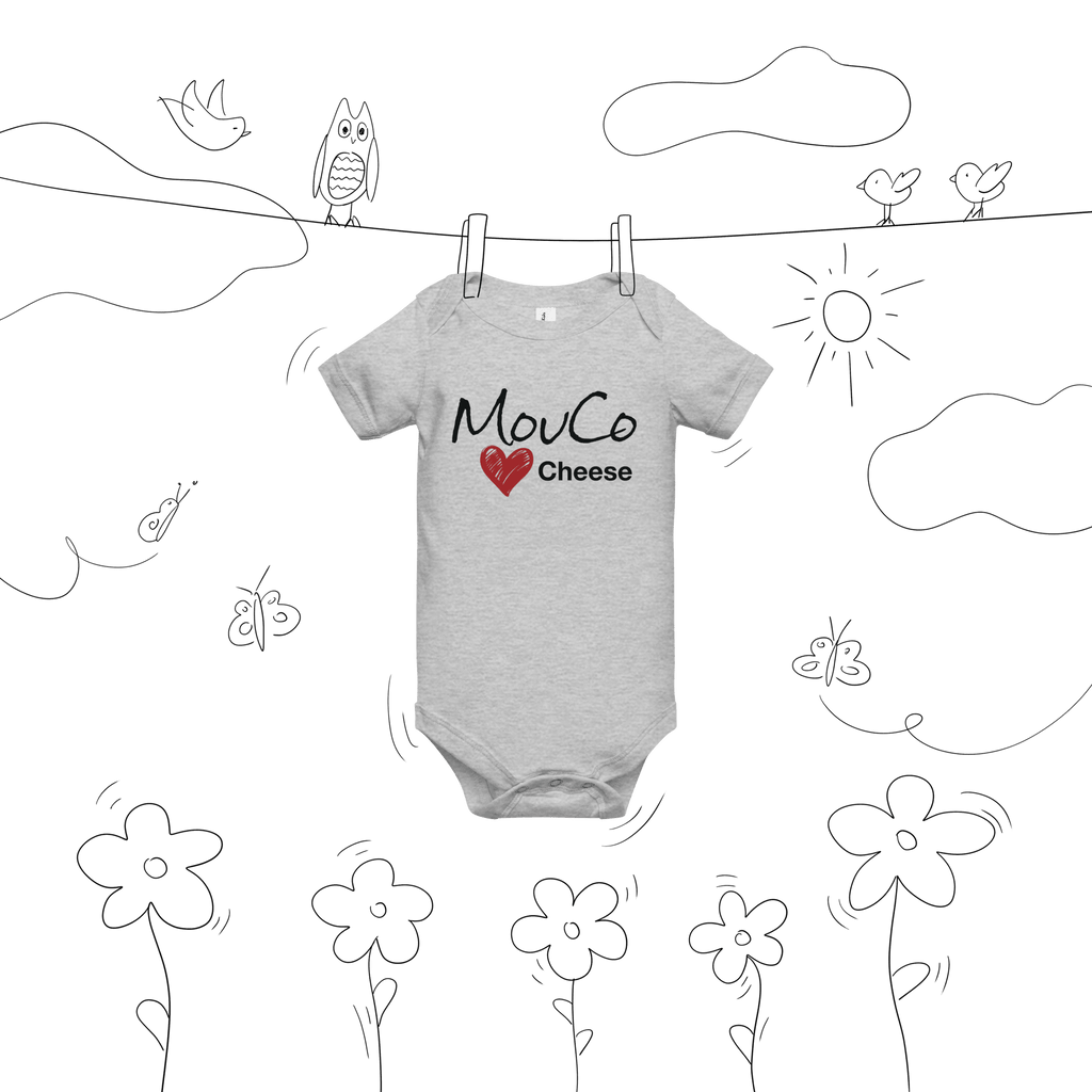 Gray baby onesie featuring the MouCo Cheese Love logo on the front and our playful cheese equation on the back—cozy, clever, and irresistibly cute.
