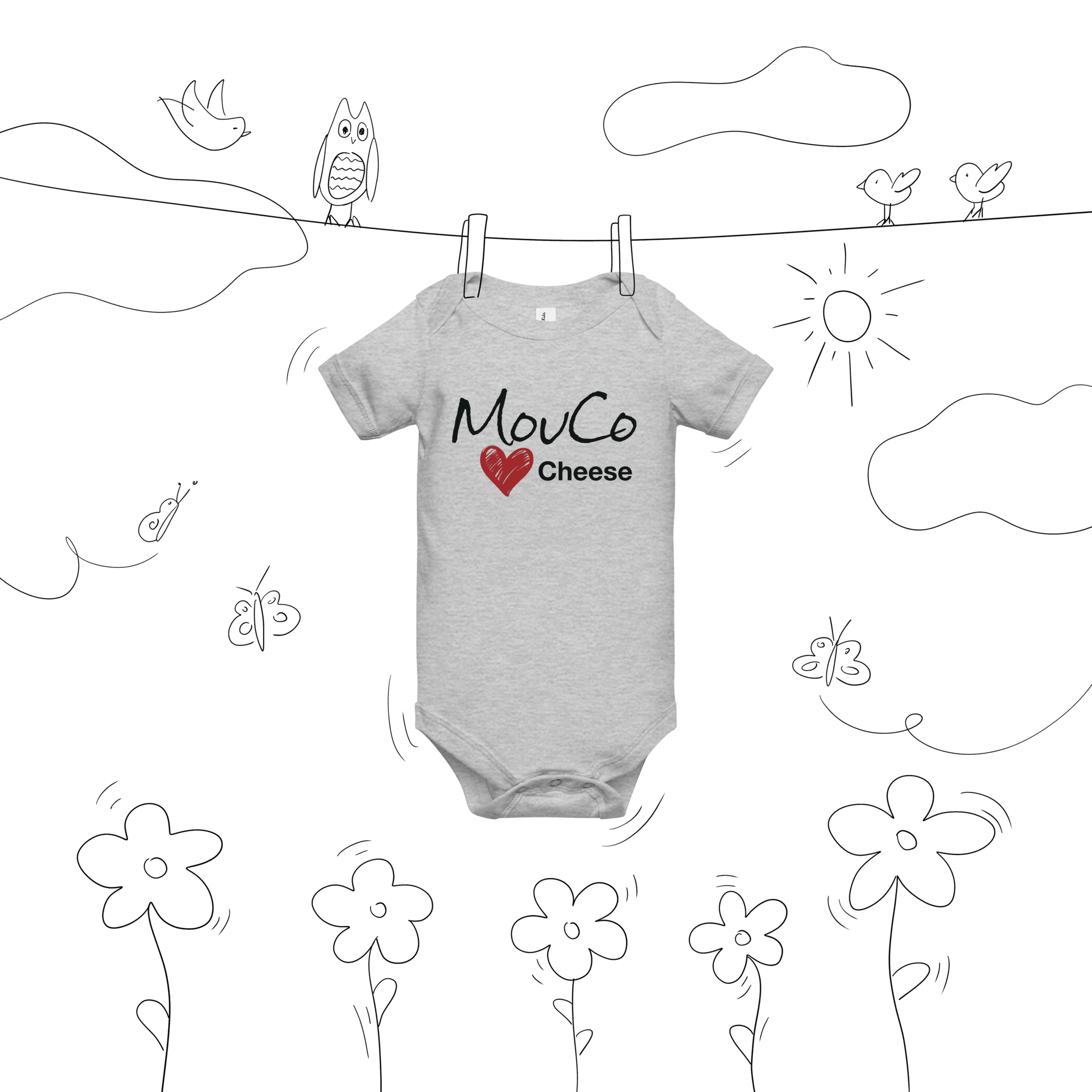 Gray baby onesie featuring the MouCo Cheese Love logo on the front and our playful cheese equation on the back—cozy, clever, and irresistibly cute.