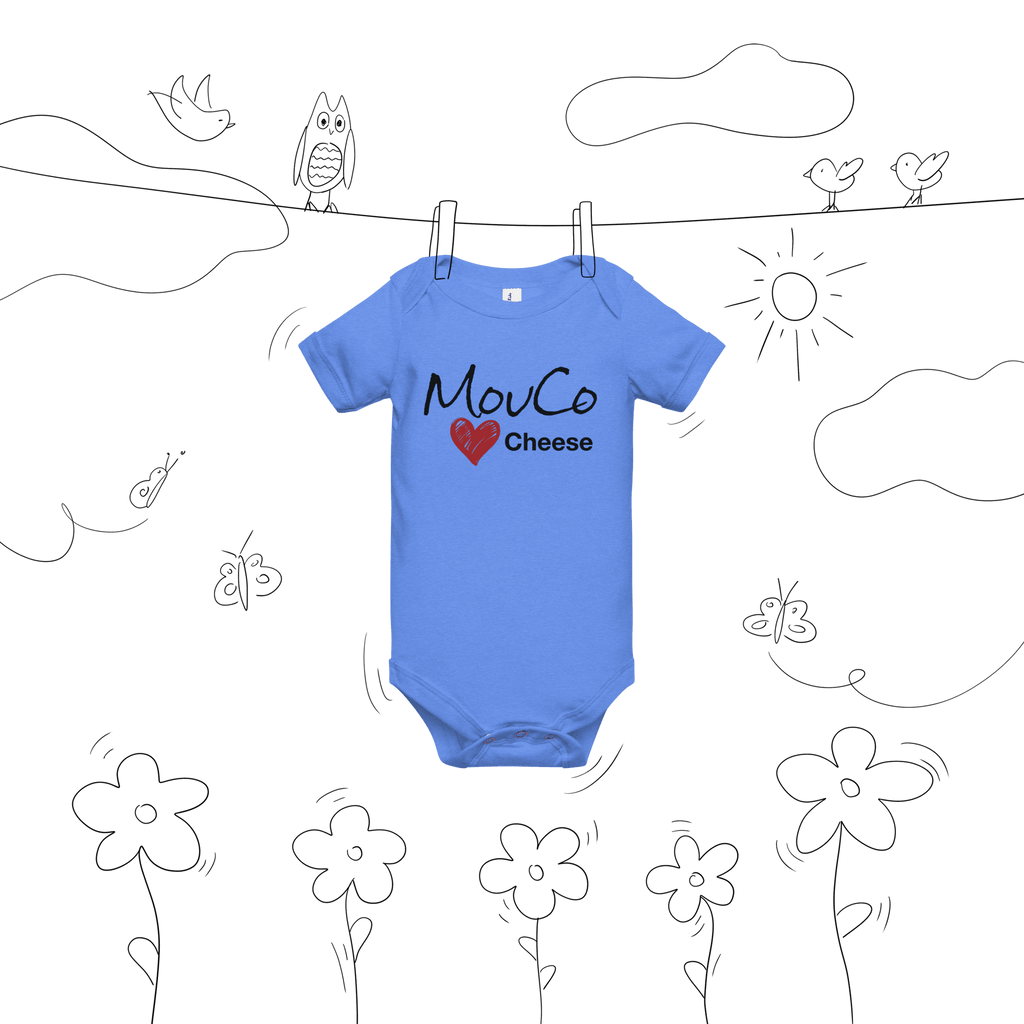 Heather Columbia blue baby onesie featuring the MouCo Cheese Love logo—soft, playful, and Colorado-made for the tiniest cheese fans.
