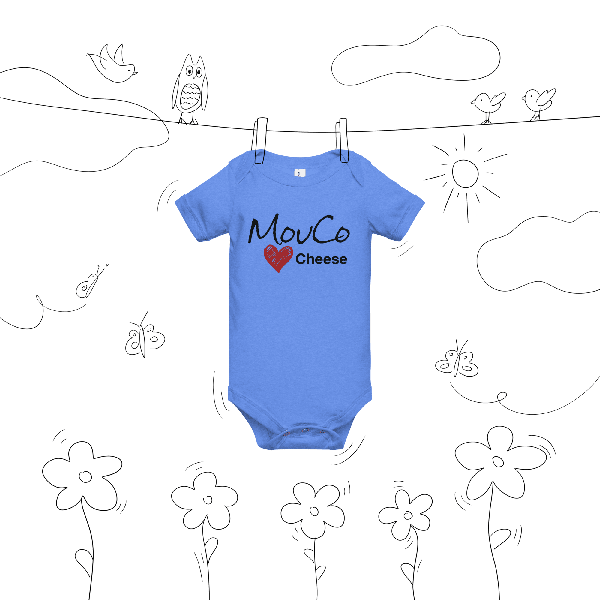 Heather Columbia blue baby onesie featuring the MouCo Cheese Love logo—soft, playful, and Colorado-made for the tiniest cheese fans.
