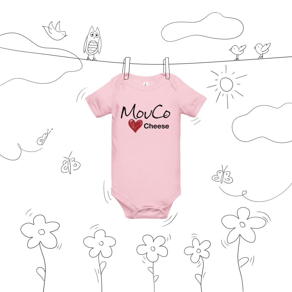 Pink baby onesie with the MouCo Cheese Love logo on the front and our whimsical cheese equation on the back—a bright, joyful outfit for future cheese fans.