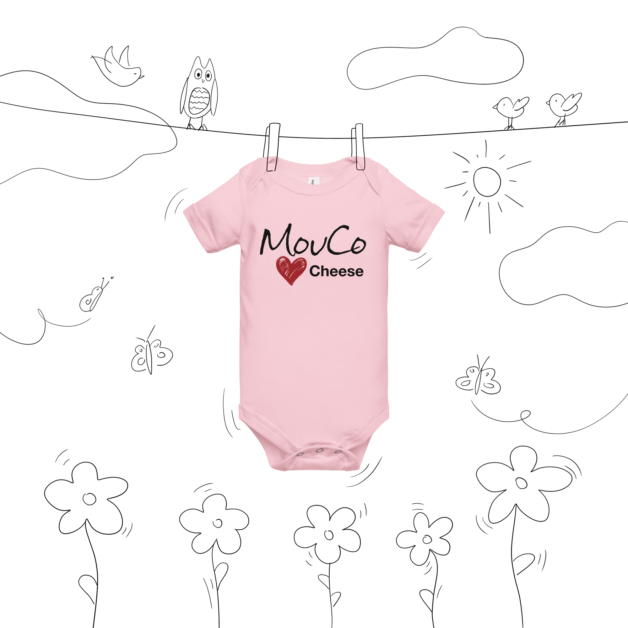 Pink baby onesie with the MouCo Cheese Love logo on the front and our whimsical cheese equation on the back—a bright, joyful outfit for future cheese fans.