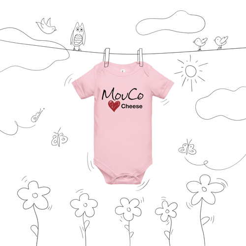Pink baby onesie with the MouCo Cheese Love logo on the front and our whimsical cheese equation on the back—a bright, joyful outfit for future cheese fans.