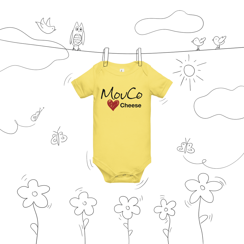 Yellow MouCo baby onesie featuring the bold Cheese Love logo on the front and our playful cheese equation on the back—colorful, comfy, and curd-approved.