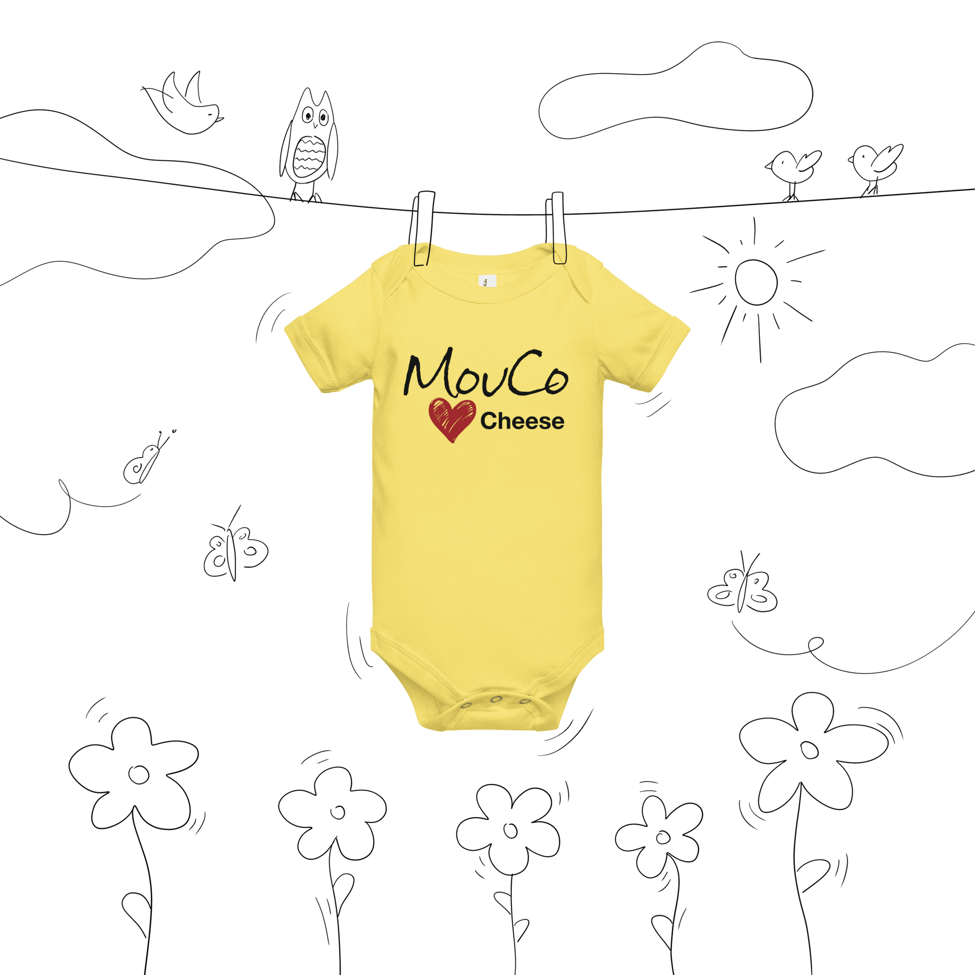 Yellow MouCo baby onesie featuring the bold Cheese Love logo on the front and our playful cheese equation on the back—colorful, comfy, and curd-approved.