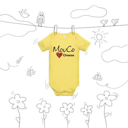Yellow MouCo baby onesie featuring the bold Cheese Love logo on the front and our playful cheese equation on the back—colorful, comfy, and curd-approved.