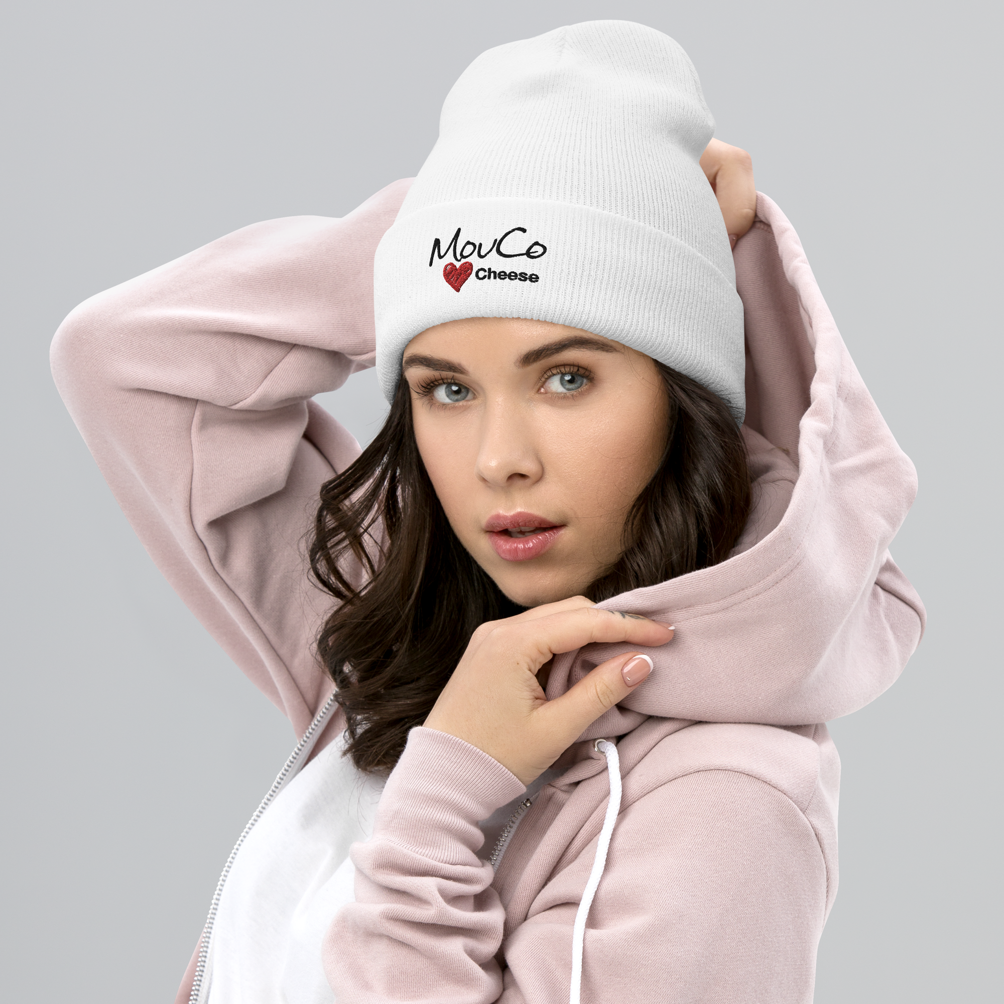 White Beanie with Embroidered MouCo Cheese Love Logo