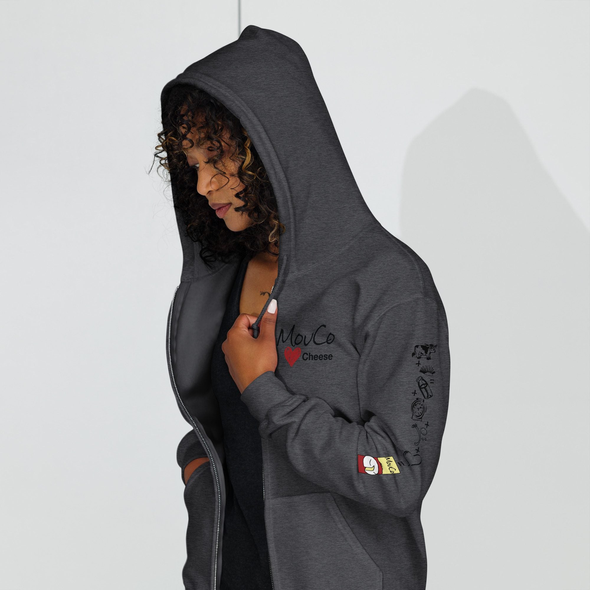 Dark heather zip-up hoodie with the MouCo Cheese Love logo—cozy, durable, and stitched with Colorado pride from our award-winning cheesery.