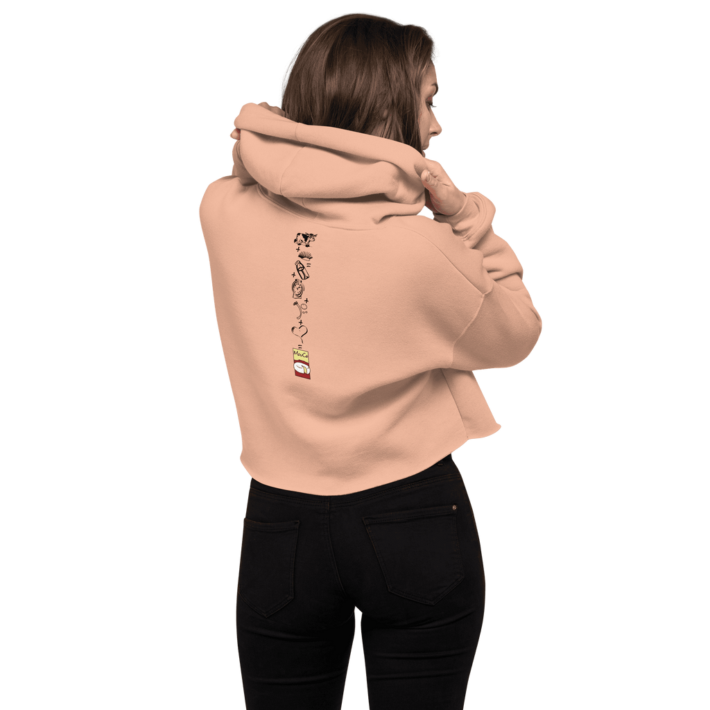 Back view of MouCo cheese love cropped hoodie in peach with secret cheese equation