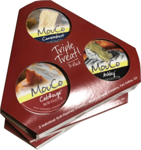 MouCo Triple Treat Cheese Gift Box featuring ColoRouge, Camembert, and Ashley cheeses in award-winning packaging.