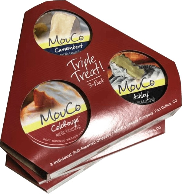 MouCo Triple Treat Cheese Gift Box featuring ColoRouge, Camembert, and Ashley cheeses in award-winning packaging.