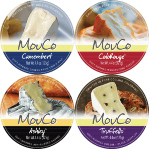 Four MouCo cheese labels for Camembert, ColoRouge, Ashley, and Truffello.