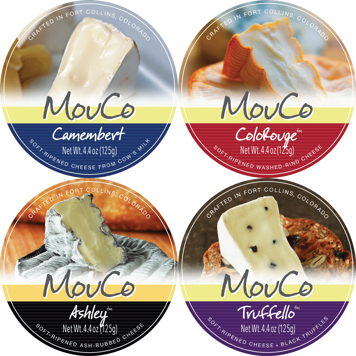 Four MouCo cheese labels for Camembert, ColoRouge, Ashley, and Truffello.